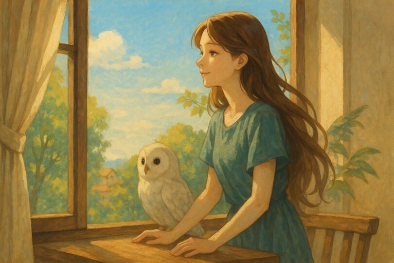 春の陽だまりの中、窓辺に佇むミリアと白いフクロウの情景