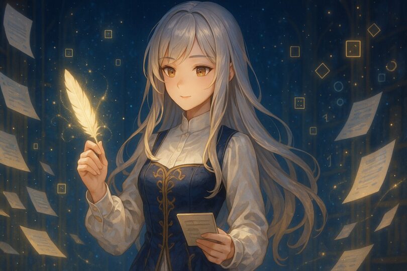 星降るアーカイブで情報の羽根を召喚する銀髪の魔導司書ミリアのイラスト