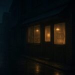 夜道にひっそりと灯る喫茶店の扉。濡れたアスファルトに反射する光が、孤独な夜と希望の火種を映す。『REBOOT 第1話』アイキャッチ。