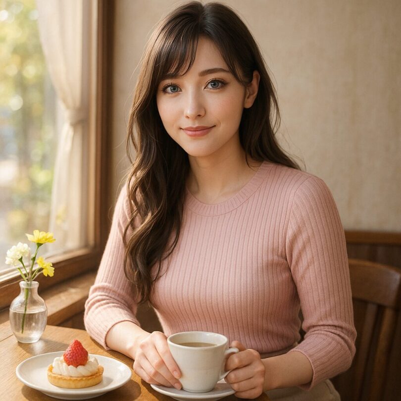 セリナの優しい微笑みと春色のニットが映える喫茶店シーン