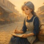 朝の市場でノートを手に静かに思索する町娘風のミリアのイラスト