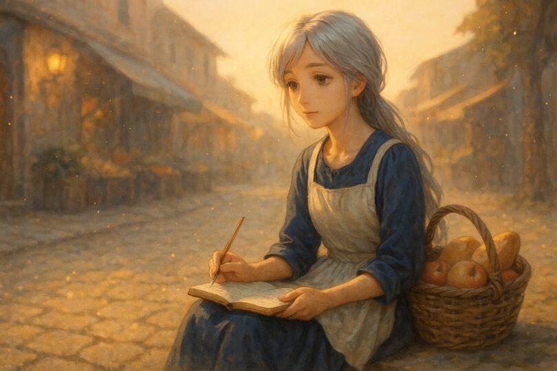 朝の市場でノートを手に静かに思索する町娘風のミリアのイラスト