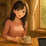 セリナがカフェのカウンター越しに振り返る一瞬を描いた、やさしく照れた微笑のイラスト