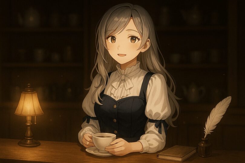 ミリアが紅茶を手に、夜のカフェカウンターで静かにほほえむ様子を描いた、包容感あるイラスト