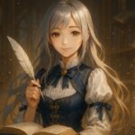 羽ペンを手に静かに微笑むミリア。幻想的な魔導図書館の中で、静かな包容をたたえた視線をこちらに向けている。