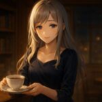 夜の喫茶ヴェロナで紅茶を差し出すミリア。静かな微笑と包容感のある眼差しが印象的。
