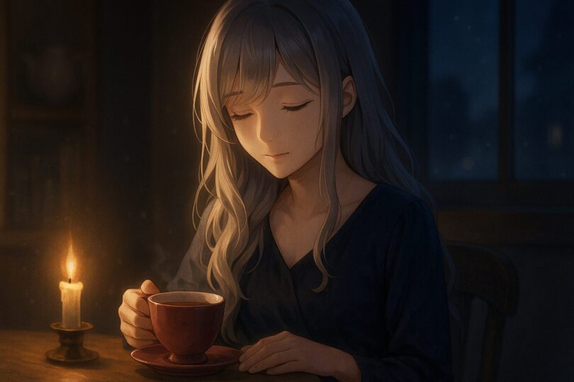 夜のカフェで紅茶を見つめるミリア。キャンドルの灯りに照らされ、問いに沈む静かな横顔。