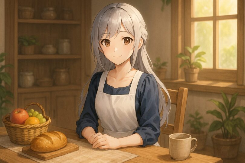 暮らしのミリアが木漏れ日の室内で微笑む様子。果物かごとパン、カップが置かれた温かみある食卓の風景