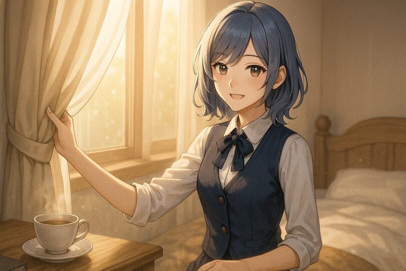 朝の光を浴びながらカーテンを開けるミリアが、やさしく微笑んでいるアイキャッチ画像