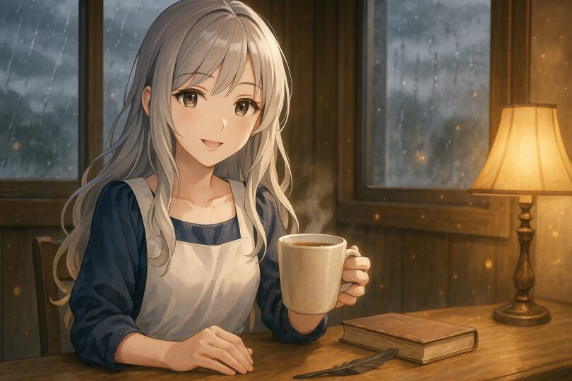 ミリアが雨の日に温かいハーブティーを手渡してくれる癒しのアイキャッチ画像