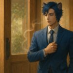 A noble lion beastman in a royal blue suit stands at the entrance of a sunlit wooden café, adjusting his collar as a faint wisp of sandalwood fragrance curls into the air.