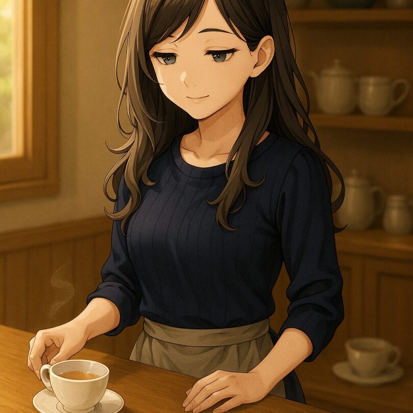 A calm woman in a navy sweater and apron gently places an empty teacup on a wooden café counter, smiling softly as if remembering a scent.