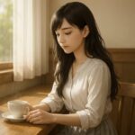 A woman in a white blouse and gray skirt sits at a sunlit café counter, gazing down at a teacup in quiet reflection.
