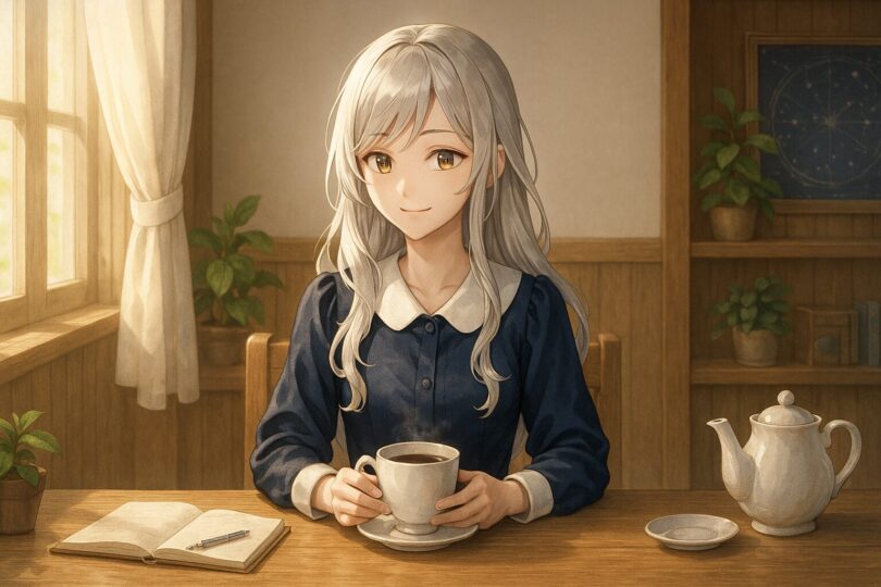 A gentle silver-haired woman enjoying coffee in a sunlit wooden café, surrounded by quiet morning warmth and peaceful stillness. （朝の光に包まれたカフェでコーヒーを楽しむ、銀髪の穏やかな女性）