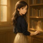 Serina stands in front of a wooden bookshelf, softly glancing over her shoulder as sunlight filters through the café window, evoking a moment of quiet thought.