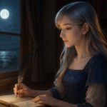A contemplative young woman with silver-gold hair writing by moonlight in a quiet library — inspired by the Byakuya poetic structure.