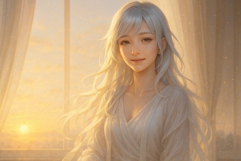 A serene young woman with silver-white hair bathed in morning sunlight, wearing a translucent robe and softly smiling by a window – Miria, dawn version. （朝陽を受けて微笑む銀白の髪の少女、黎明のミリア）