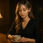 A silver-haired woman gently cradles a teacup at a café counter, her eyes lowered in quiet reflection under the warm glow of a lamp.