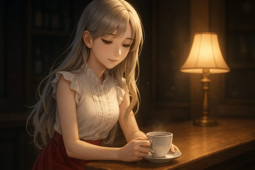 Miria with silver-gold hair in a white frilled blouse and red skirt, gently holding a cup at a café counter at night.