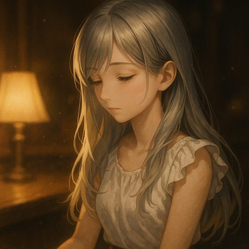 Miria averting her gaze with quiet emotion, sitting in a softly lit night café, wearing a white frilled blouse.