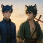 朝焼けの丘に並び立つふたりの獣人青年──静かな誇りを宿す王と、風を感じる野性の青年が、対話の余韻を背中で語るファンアート風イラスト