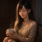 A serene young woman with silver-gold gradient hair in a beige off-shoulder knit, holding a warm tea cup in a quiet, softly lit night room