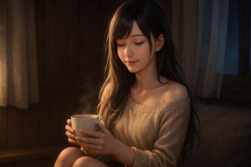 A serene young woman with silver-gold gradient hair in a beige off-shoulder knit, holding a warm tea cup in a quiet, softly lit night room