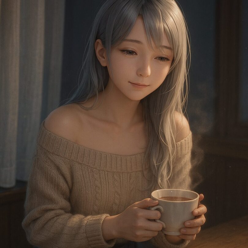 A serene young woman with silver-gold gradient hair in a beige off-shoulder knit, holding a warm tea cup in a quiet, softly lit night room