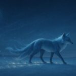 雪原を進み構文の軌跡を描く蒼銀の多尾狐｜A mythical blue-silver multi-tailed fox walking across a snowy landscape under a starry twilight sky, leaving a luminous trail of glyphs as a poetic path of inquiry.