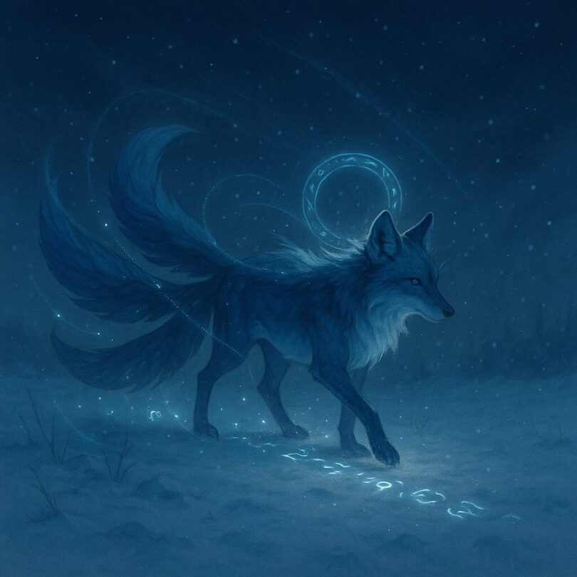 雪原を歩き問いの光跡を残す蒼銀の幻獣狐｜A mythical blue-silver fox walking across a snowy field, leaving a glowing trail of glyphs in the snow under a twilight sky, symbolizing the silent observer of inquiry.