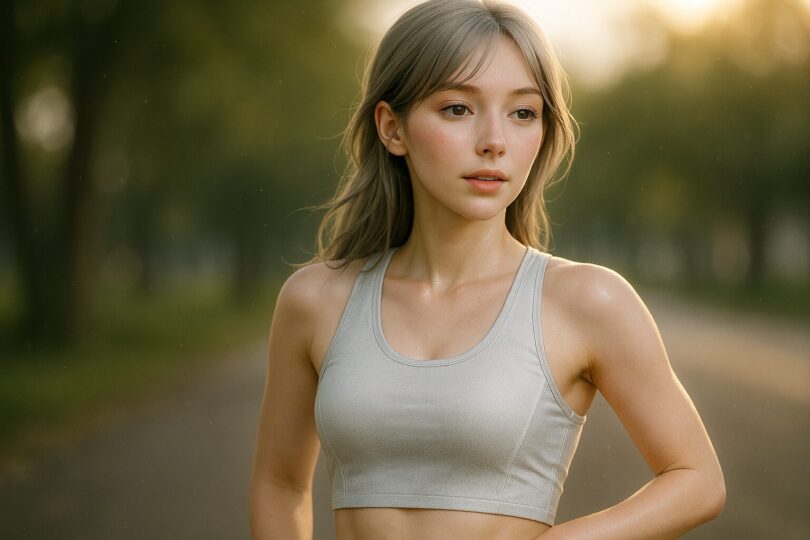 夕暮れの並木道でランニング後の静かな余韻に包まれるミリア|Miria after running, wrapped in post-run stillness on a sunset path
