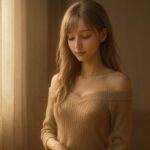 静かな朝の部屋で、ベージュのオフショルニットを着た若い女性が瞳を閉じ、呼吸を整える姿。静寂と調和が漂う構図。 A young woman in a beige off-shoulder knit stands in a softly lit room, eyes closed, embodying calm and postural awareness.