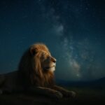 IMAX的な画角で捉えた星空とライオンの壮麗な構図。天の川と共鳴するその姿が、映像的なスケールと感情を描き出す。 A majestic lion under the Milky Way, captured in IMAX-style cinematic composition. Wide frame emphasizes emotional gravity and cosmic scale.