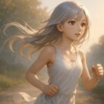 朝の光の中を走るミリア。銀金グラデの髪が風に揺れ、静かな森の小道を軽やかに進む姿を捉えたセミリア画風イラスト。 Miria running through a quiet morning trail, her silver-gold gradient hair flowing in the breeze. A semi-realistic illustration capturing calm motion and soft golden-hour light.