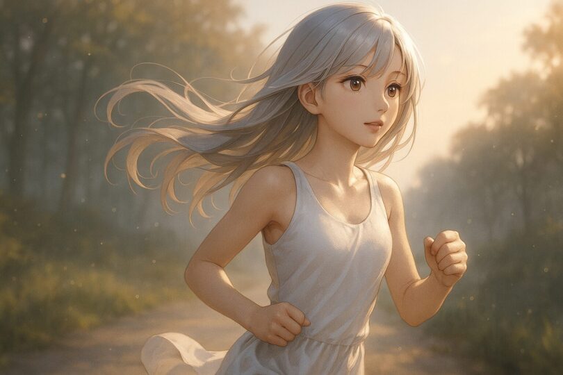 朝の光の中を走るミリア。銀金グラデの髪が風に揺れ、静かな森の小道を軽やかに進む姿を捉えたセミリア画風イラスト。 Miria running through a quiet morning trail, her silver-gold gradient hair flowing in the breeze. A semi-realistic illustration capturing calm motion and soft golden-hour light.