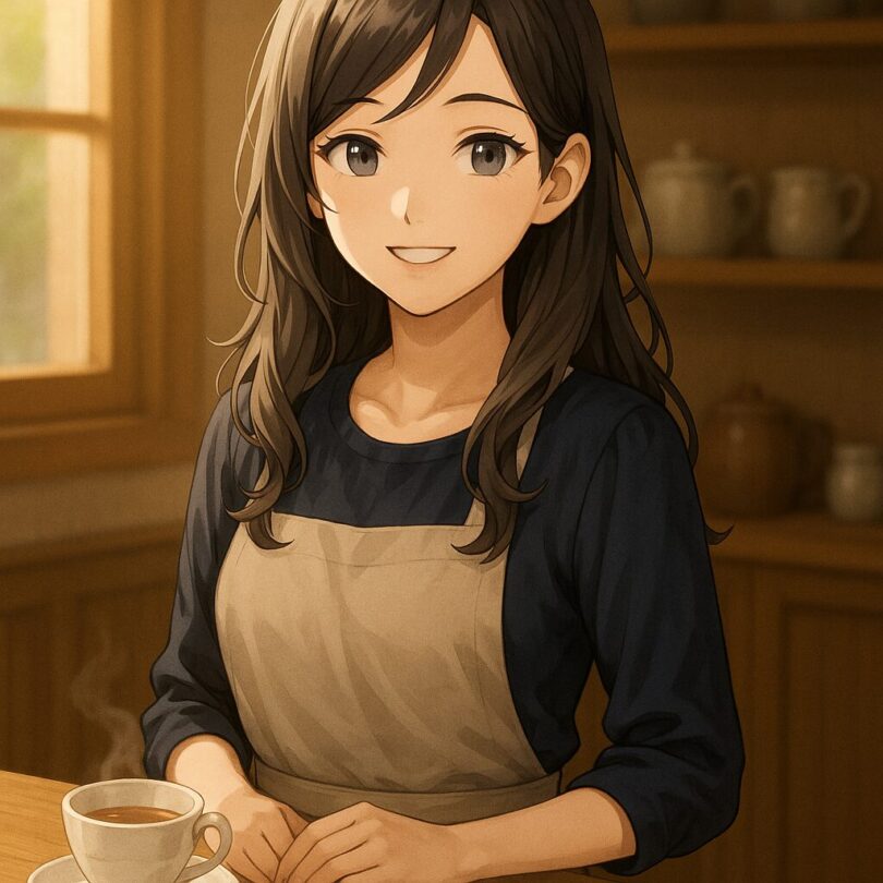 Serina smiles warmly behind the café counter, her soft gaze and calm demeanor reflecting the gentle kindness of an everyday moment.