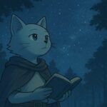 夜の森で星空を見上げる猫獣人キャラクター・ブレイブの後ろ姿