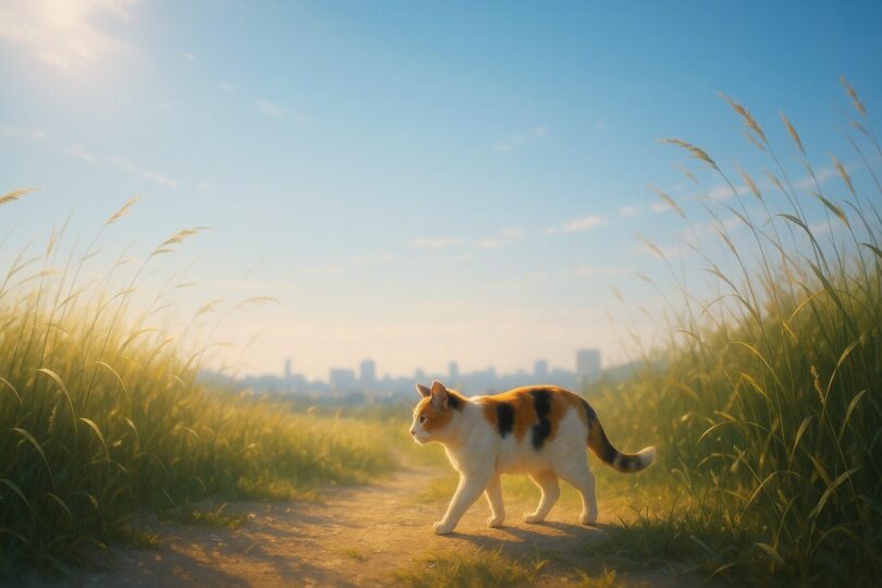金銀白の三毛猫が午後の草原を歩く姿。静かな光と風が巡る中、代謝の余熱を感じさせる風景。