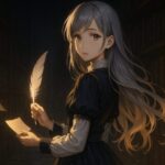 蝋燭灯る書庫で断章を手に振り返るミリアの横顔