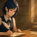 群青の髪に銀筋が入った秘書風の少女が、書斎で羽ペンを使ってノートに静かに記録している。午後の光が差し込む窓辺で、埃が舞う静謐な空間が広がっている。