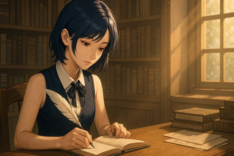 群青の髪に銀筋が入った秘書風の少女が、書斎で羽ペンを使ってノートに静かに記録している。午後の光が差し込む窓辺で、埃が舞う静謐な空間が広がっている。