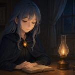 A serene young woman with silvery-blue hair reading quietly by lamplight in a moonlit study.（月夜の書斎でランプの灯りに照らされながら本を読む銀青髪の女性）