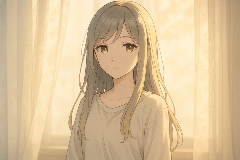 A gentle anime-style girl with silver-gold hair, standing by a softly lit morning window, expressing quiet strength and calm.