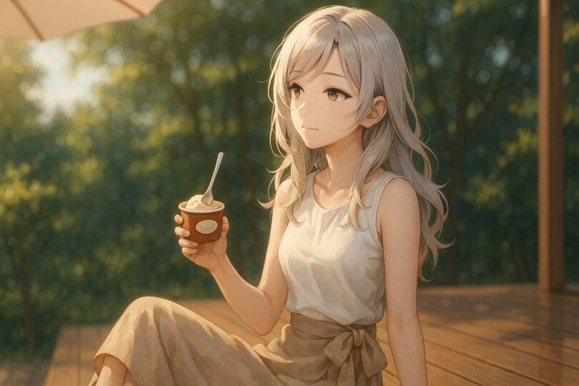 A semi-realistic girl with silver-gold hair enjoying ice cream on a wooden summer terrace（夏の木陰でアイスを楽しむセミリアリスティックなミリア）